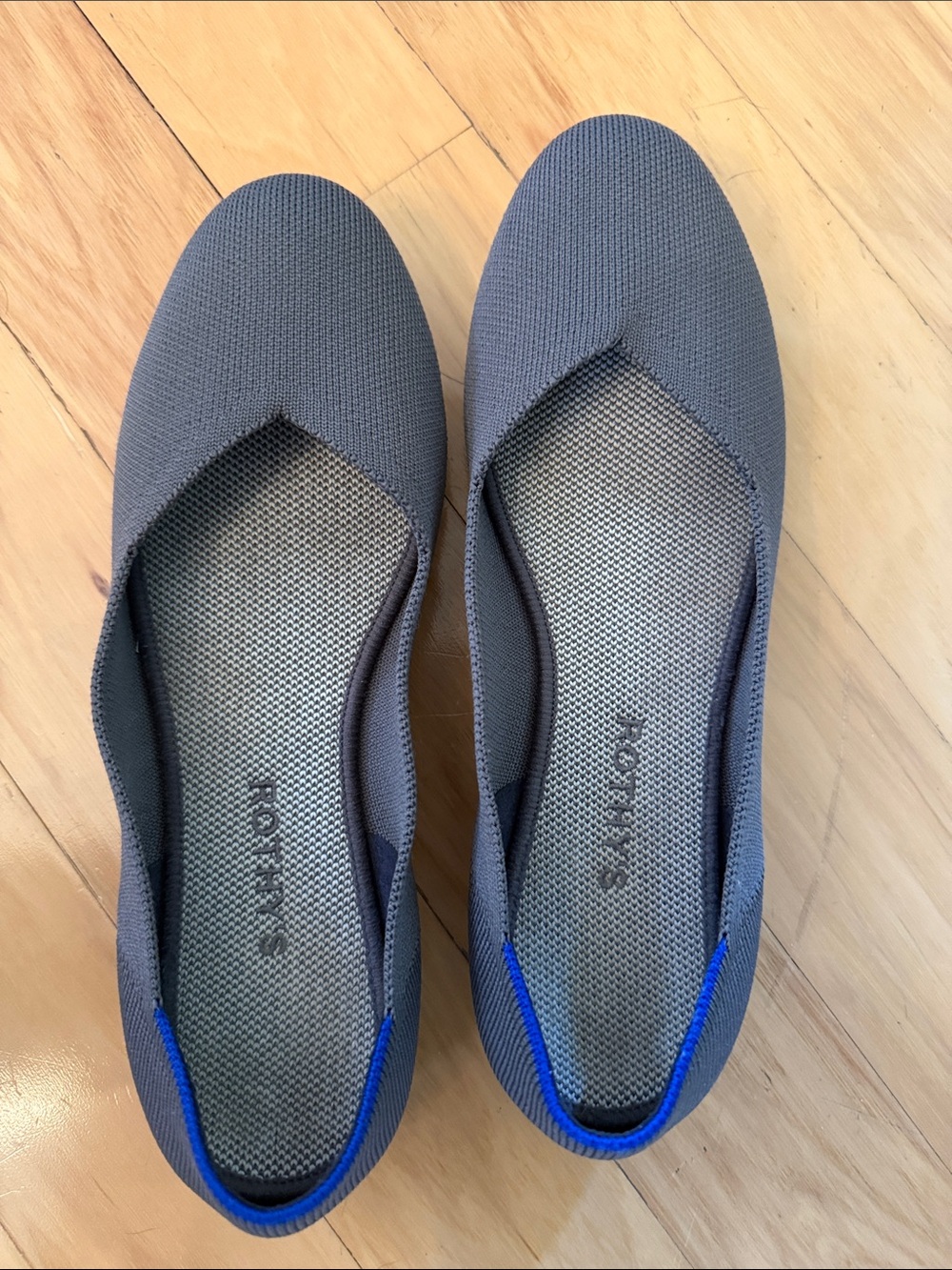 Rothy's Gray Knit Slip-On Flats with Blue Trim